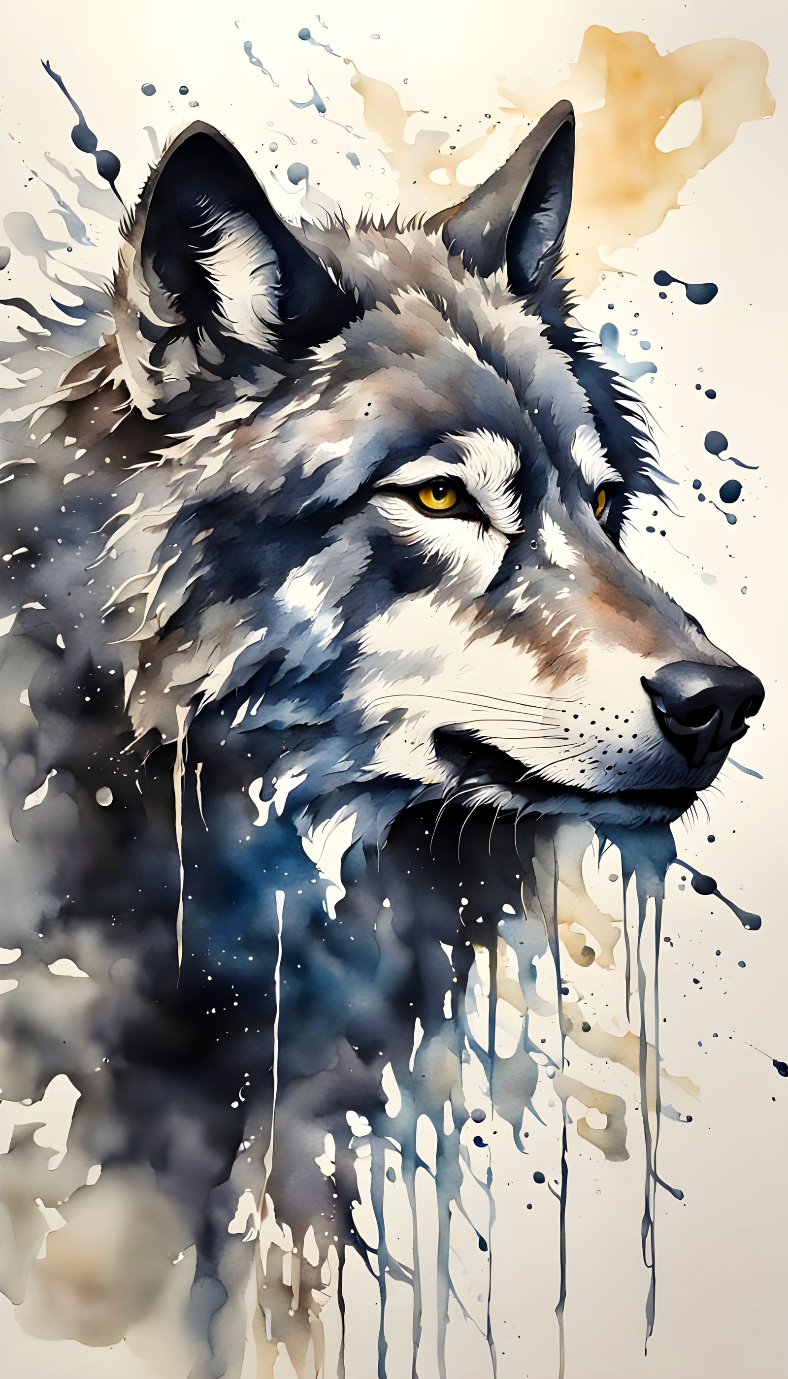 Ink Art Wolf Breaking into Watercolor Splashes