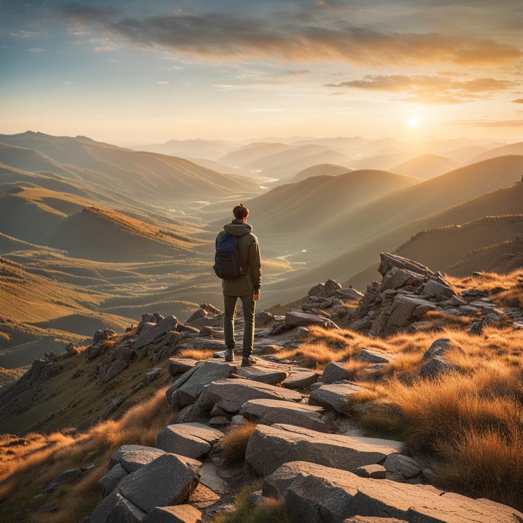 Contemplative Figure Overlooking Mountain Landscape