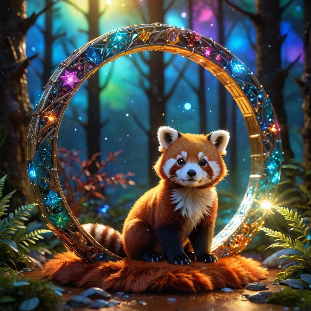 Glowing Red Panda Cub in Cosmic Ring, 3D Render