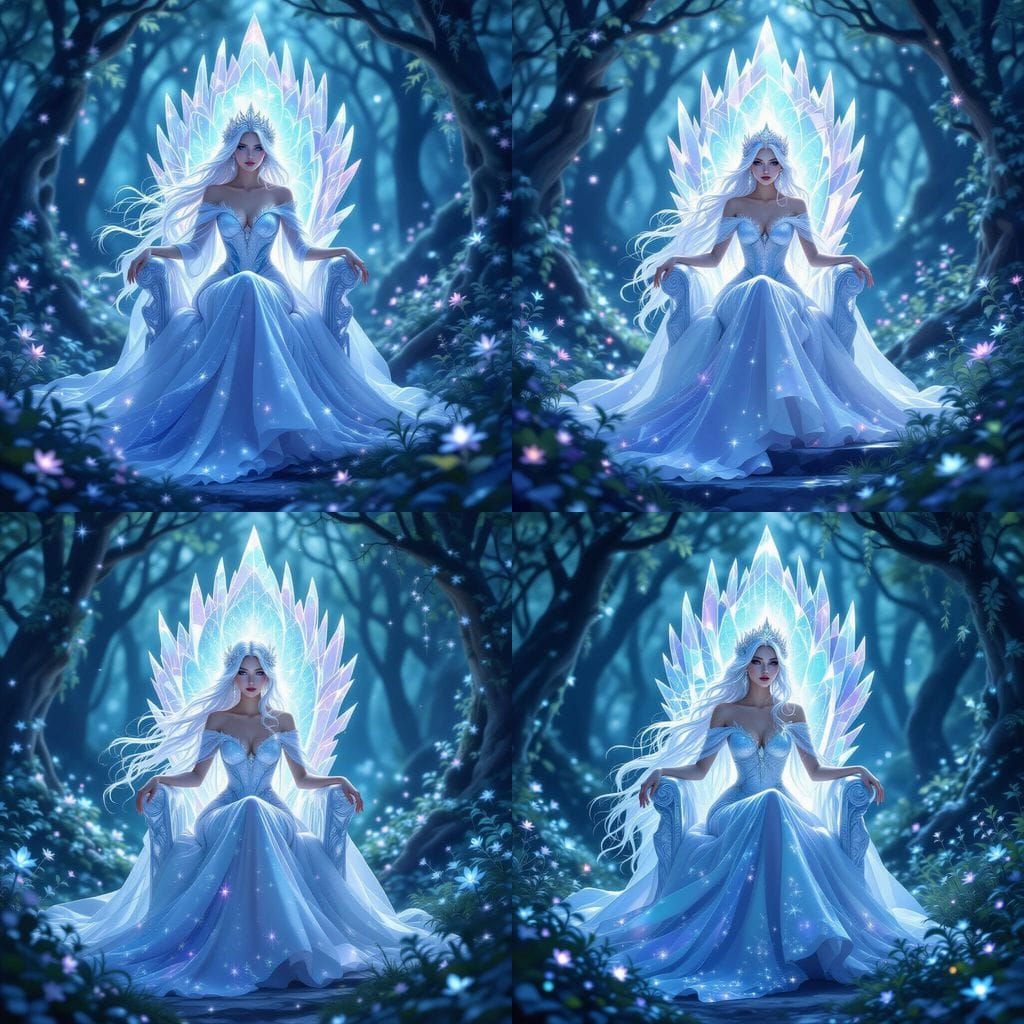 Ethereal Princess on Moonlight Throne in Enchanted Forest