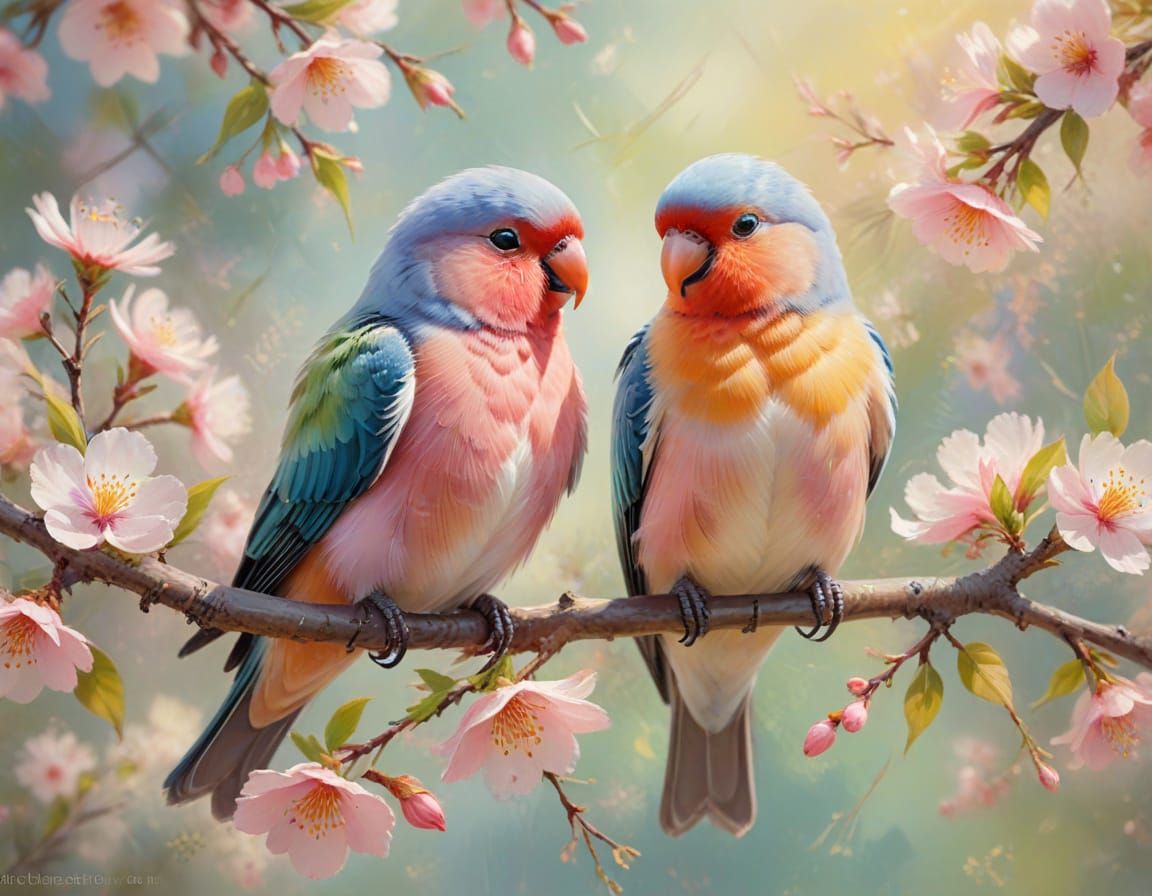Impressionist Lovebirds in Spring Blossom, Soft Pastel Art