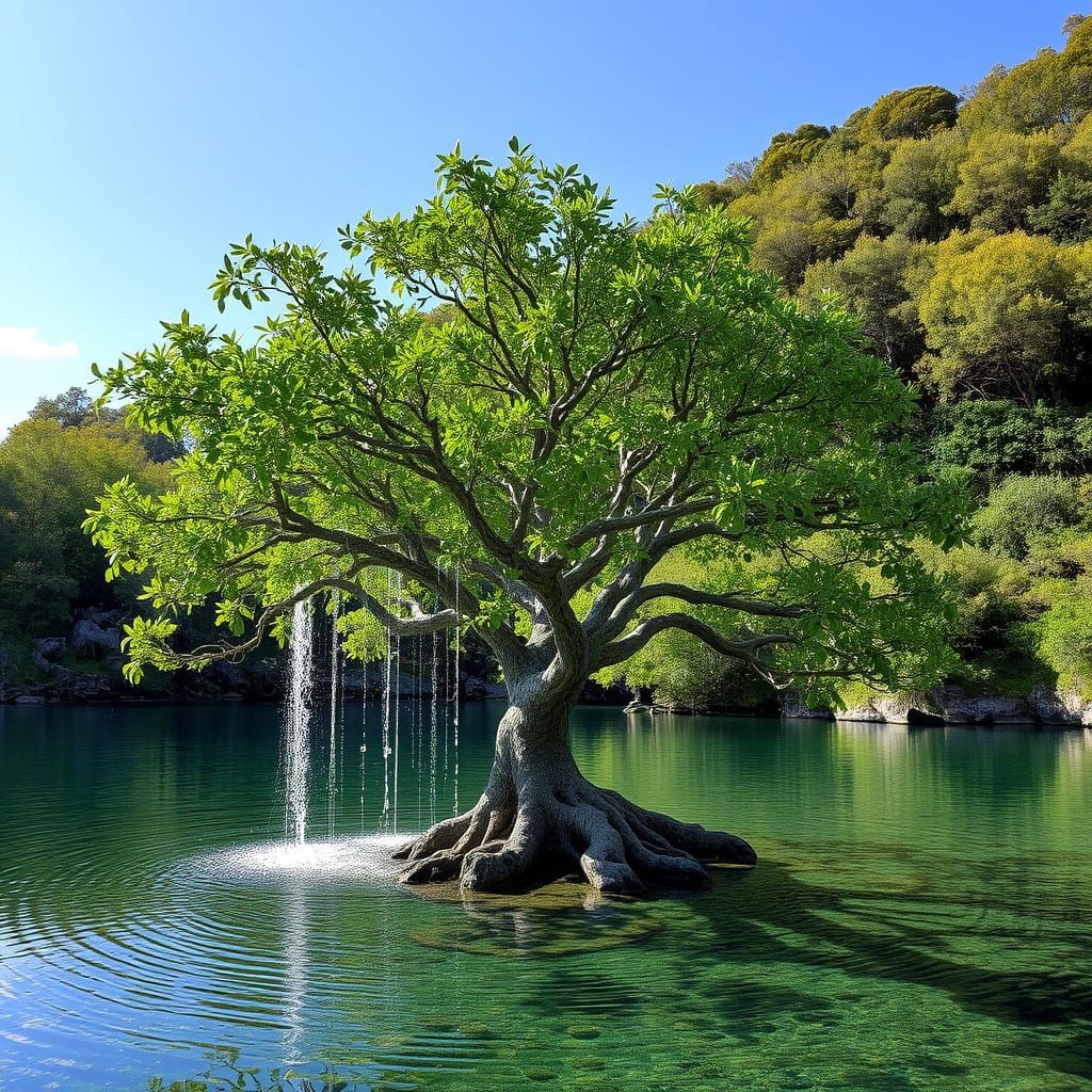 Enchanted Aquatic Tree in Dreamlike Paradise