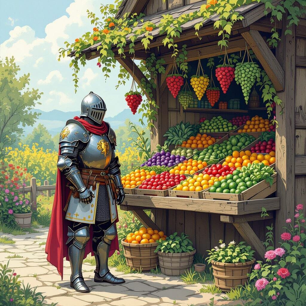 Knight Guarding Magical Farm Stand in Whimsical Style
