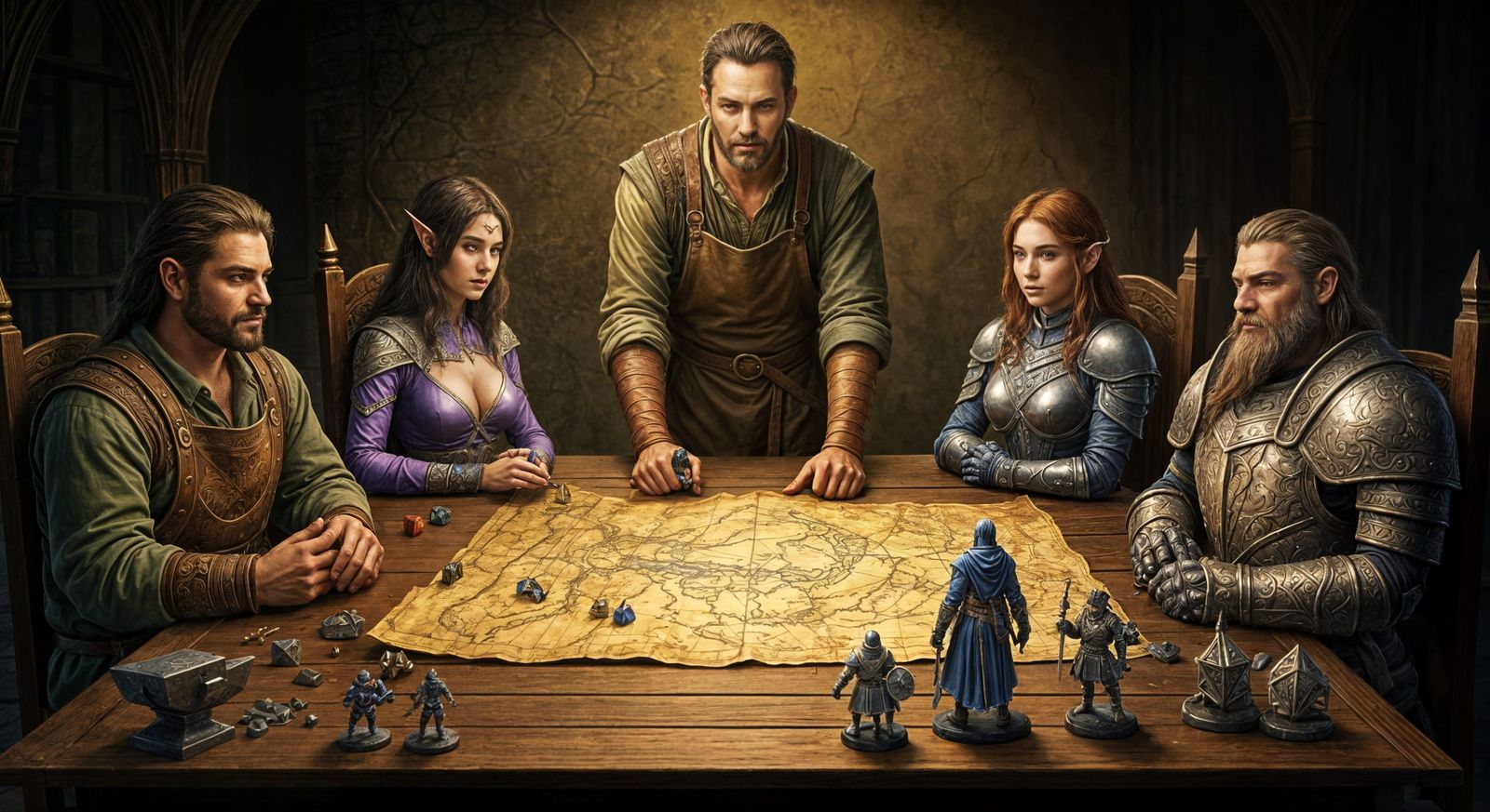 Epic High-Fantasy RPG Scene with Adventurers and Game Master