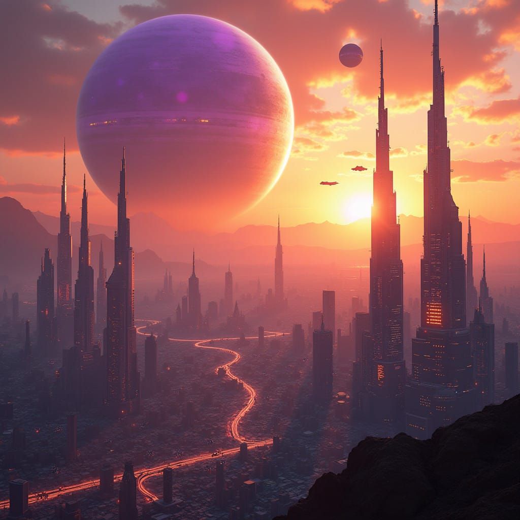 Galactic Metropolis Basks in Vibrant Sunset Glow