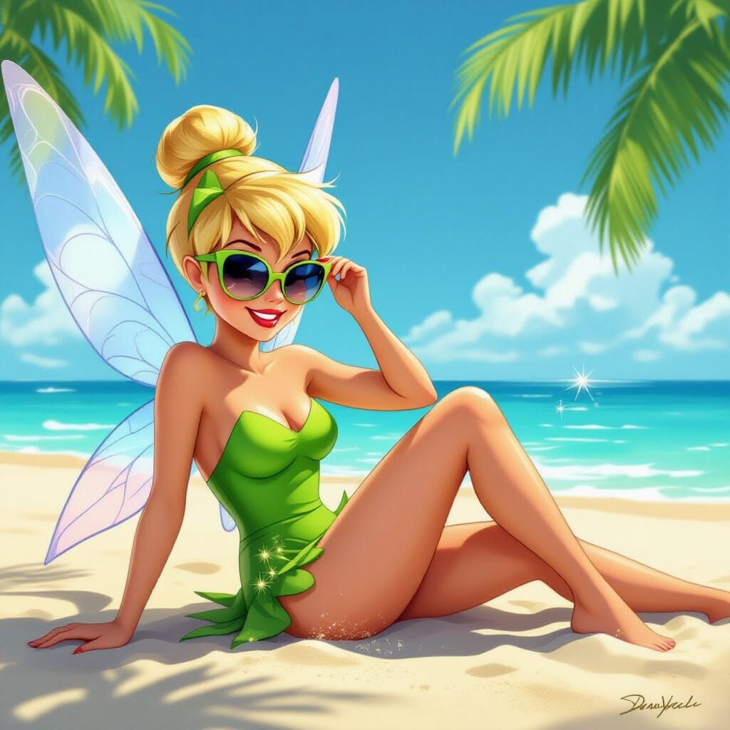 Tinker Bell Lounges at Miami Beach in Airbrush Art Style