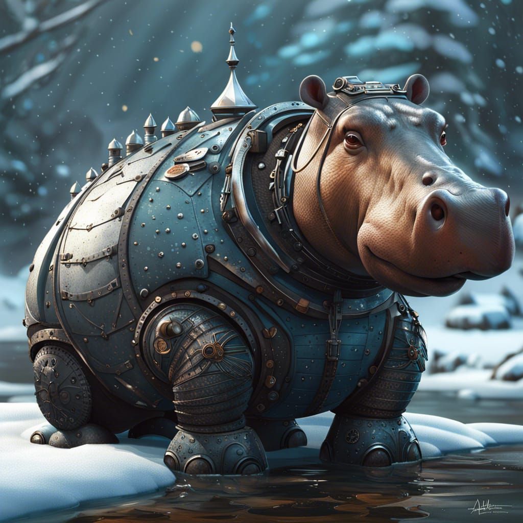 Hippo in Winter Landscape as 3D Render