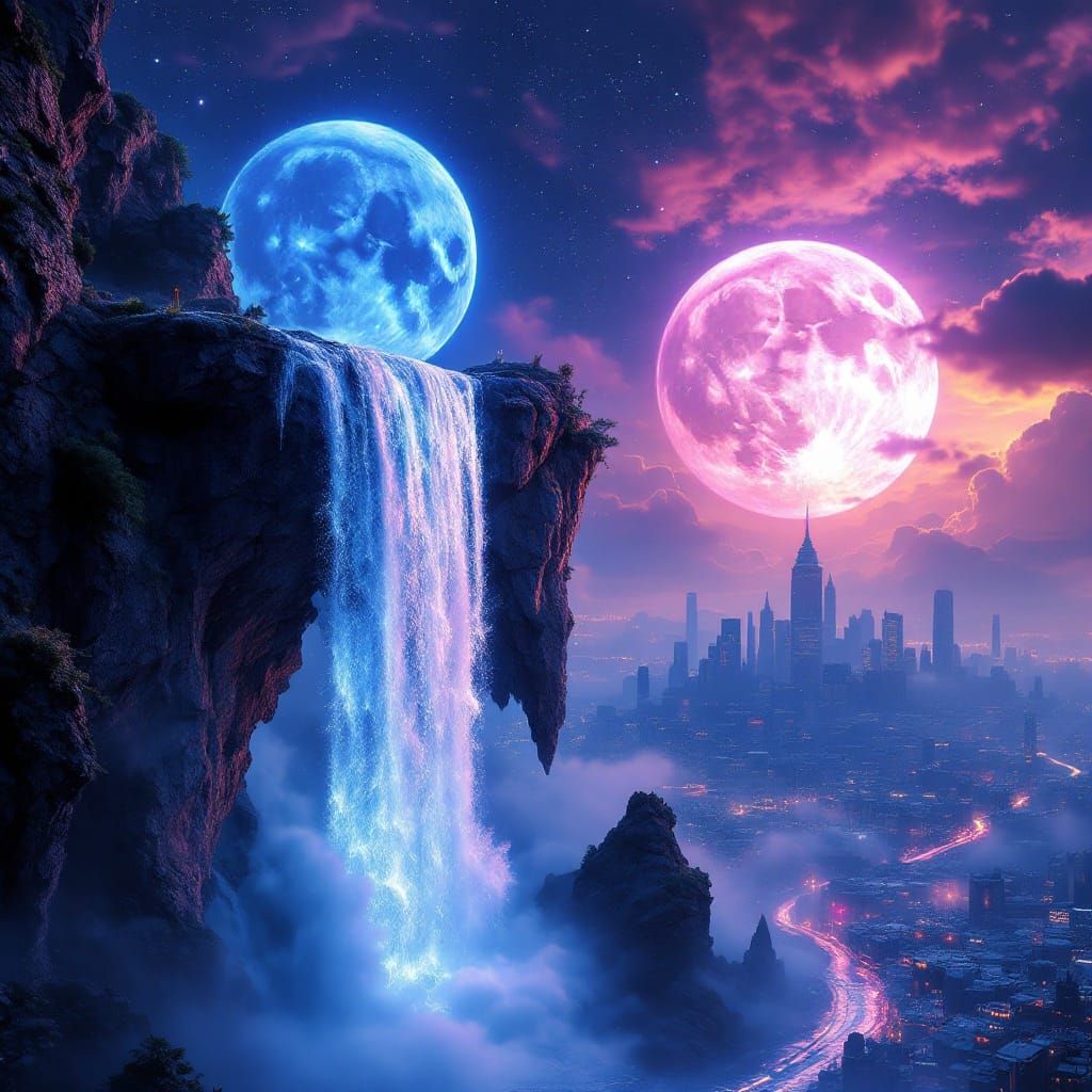 Opal Moonlit City with Crystalline Waterfall