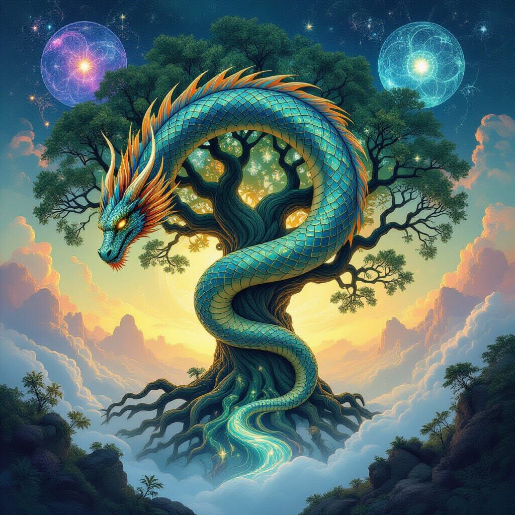 Galactic Dragon Coiled Around Cosmic Tree in Surreal Landsca...