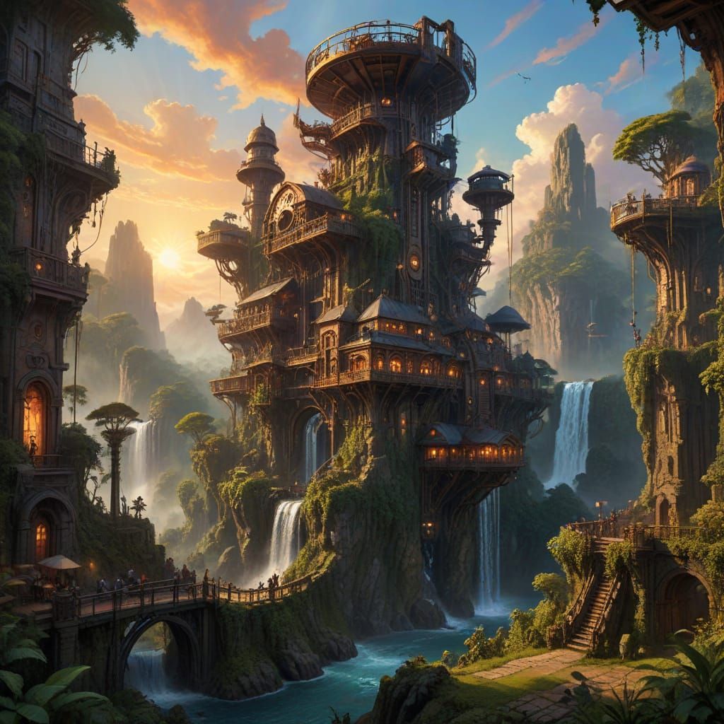Steampunk City in a Vibrant Jungle Paradise