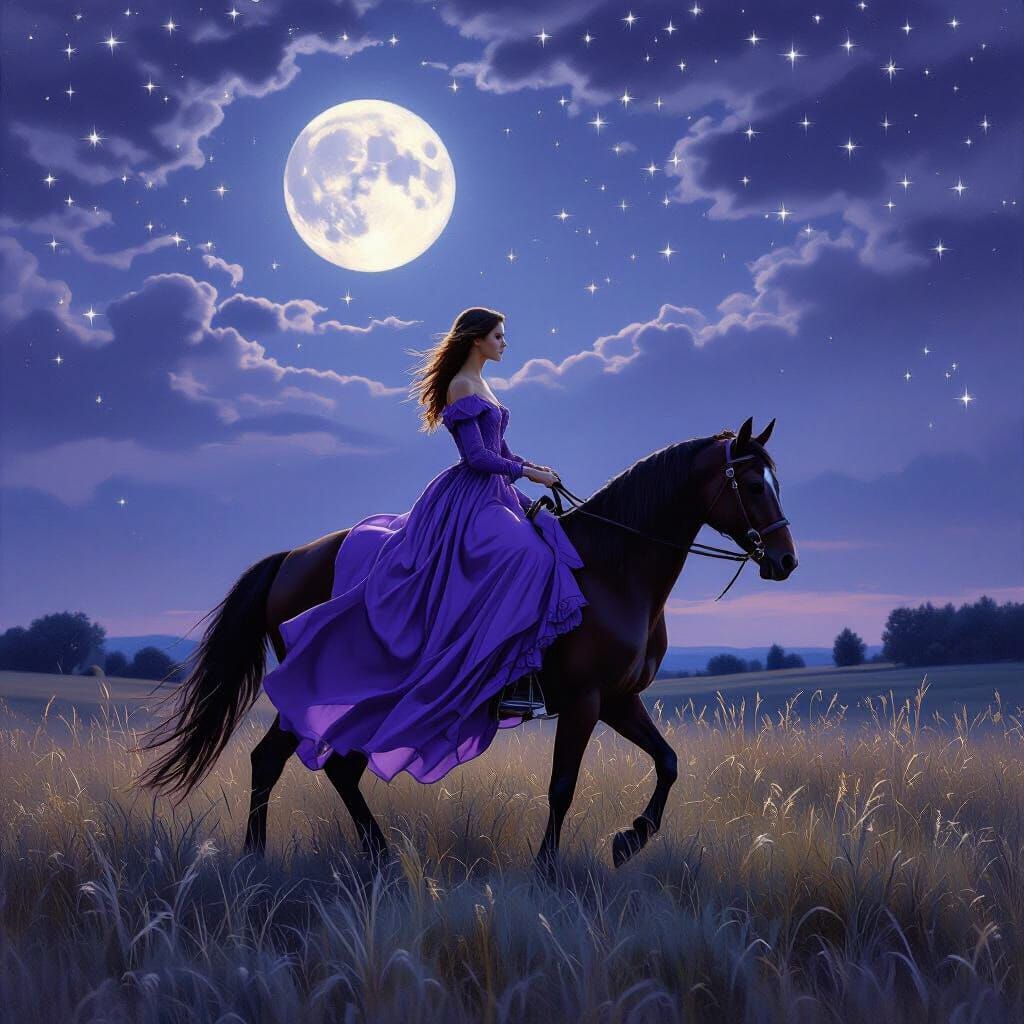 Woman in Purple Dress Rides Horse Under Starlit Night Sky