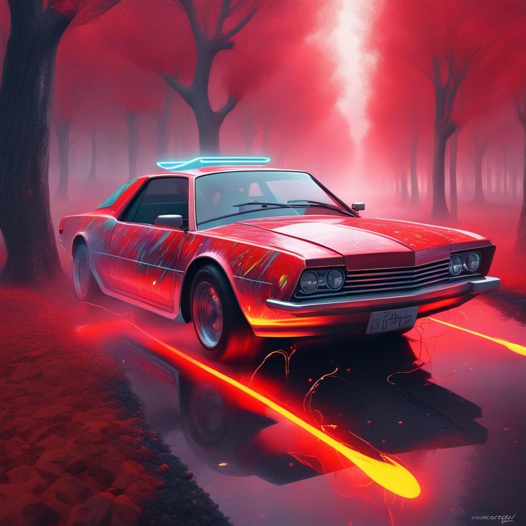 Futuristic Car with Glowing Arrows in Graffiti Art