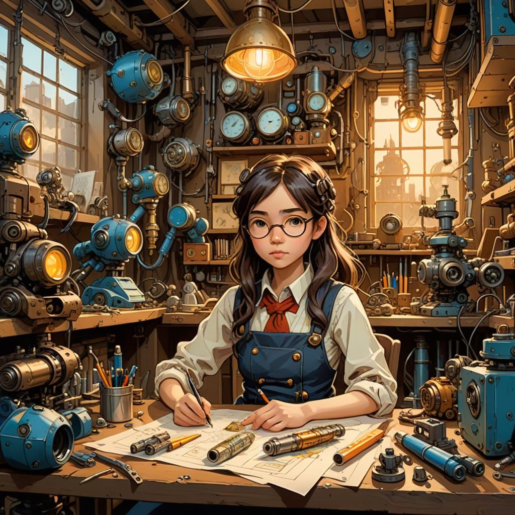 Whimsical Inventor in Steampunk Workshop