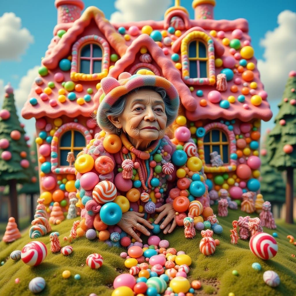 Whimsical Candyland Home with Elderly Woman