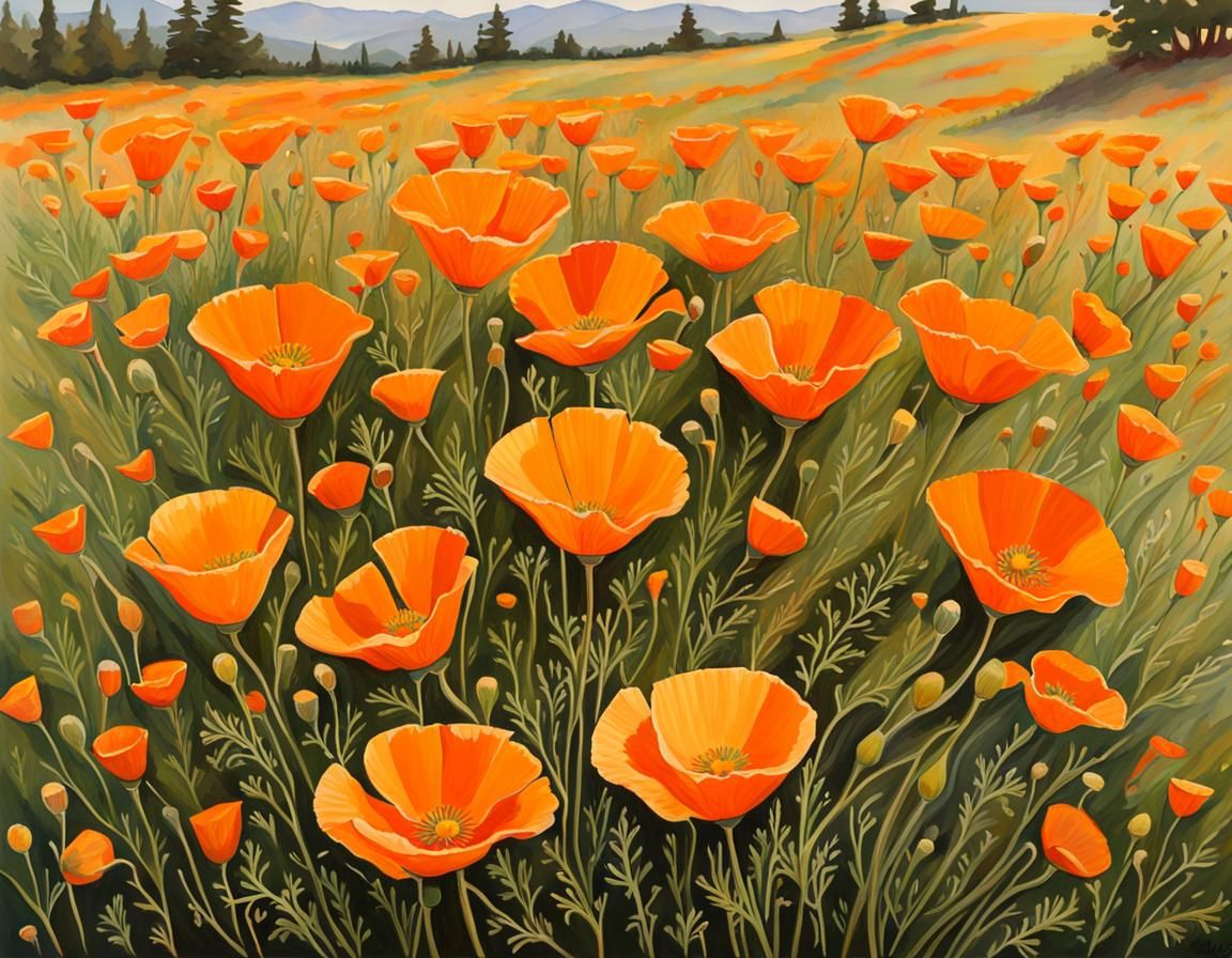 California Poppies Field in Spring Gouache Painting