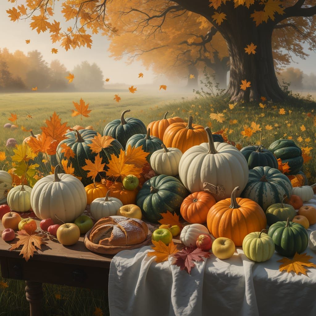 Photorealistic Autumn Harvest Table in Sun-Drenched Meadow