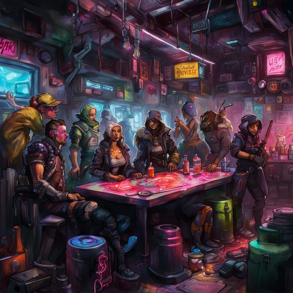Cyberpunk D&D Party in Futuristic Tavern