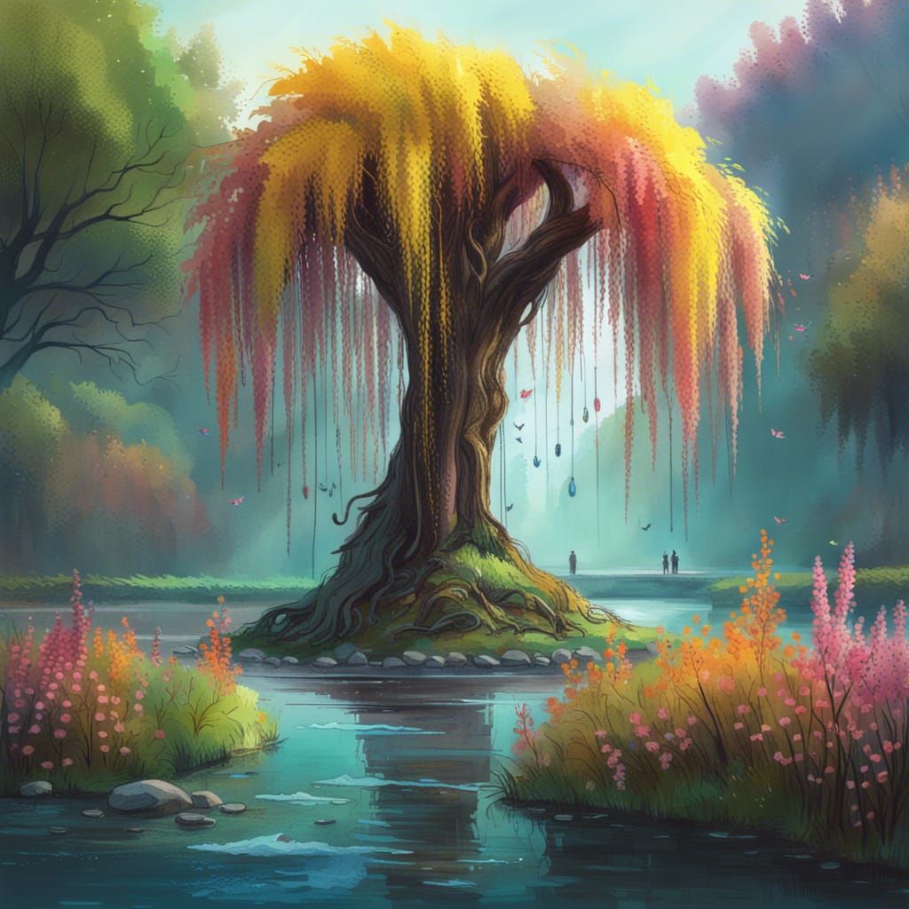 Fantasy Willow Tree Above River, Digital Illustration