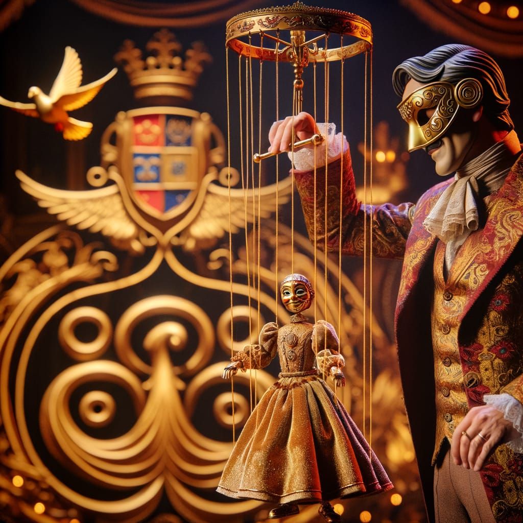 A Masked Showman Controls a Golden Marionette on a Lavish St...