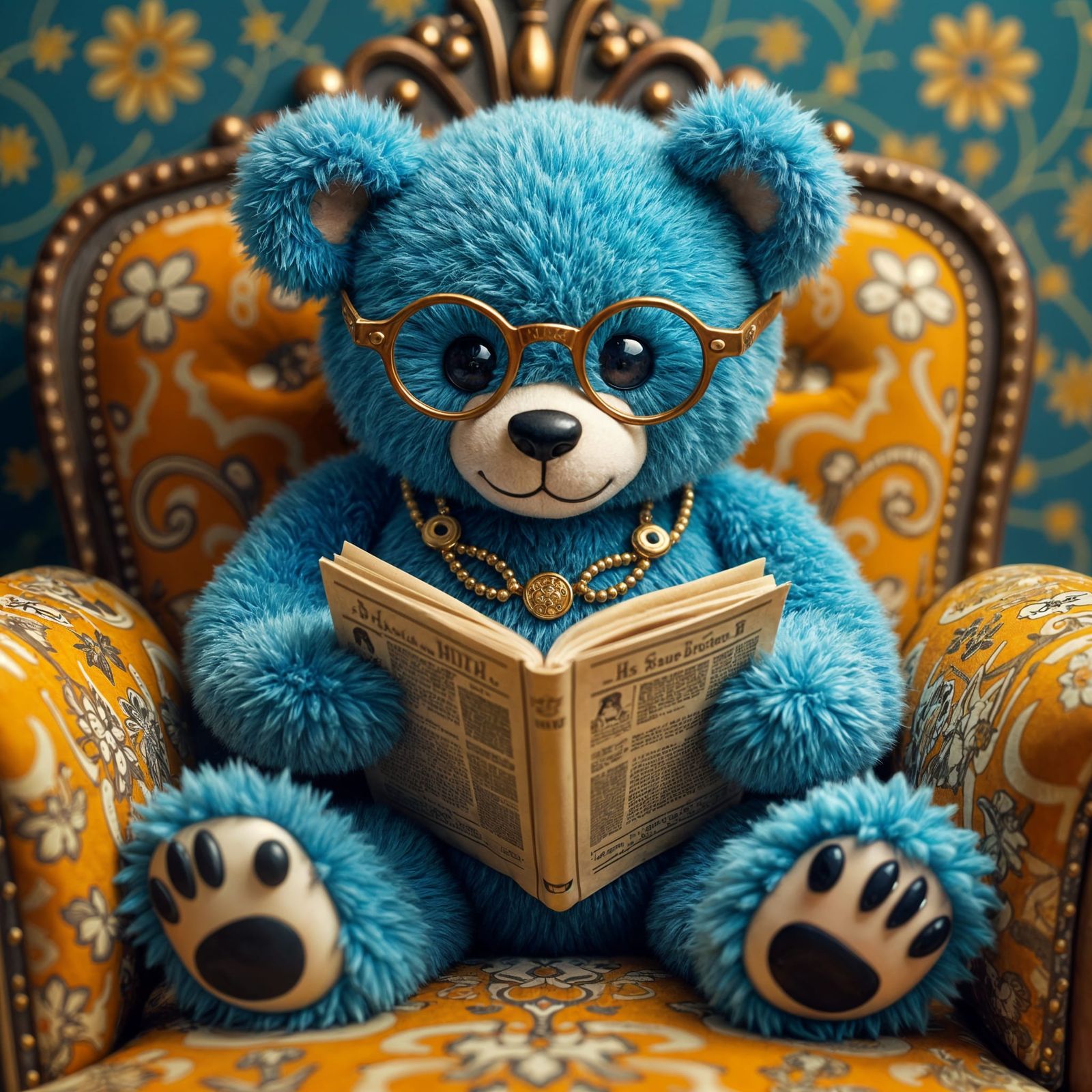 Charming Blue Teddy Bear Reads Newspaper, Vintage Watercolor