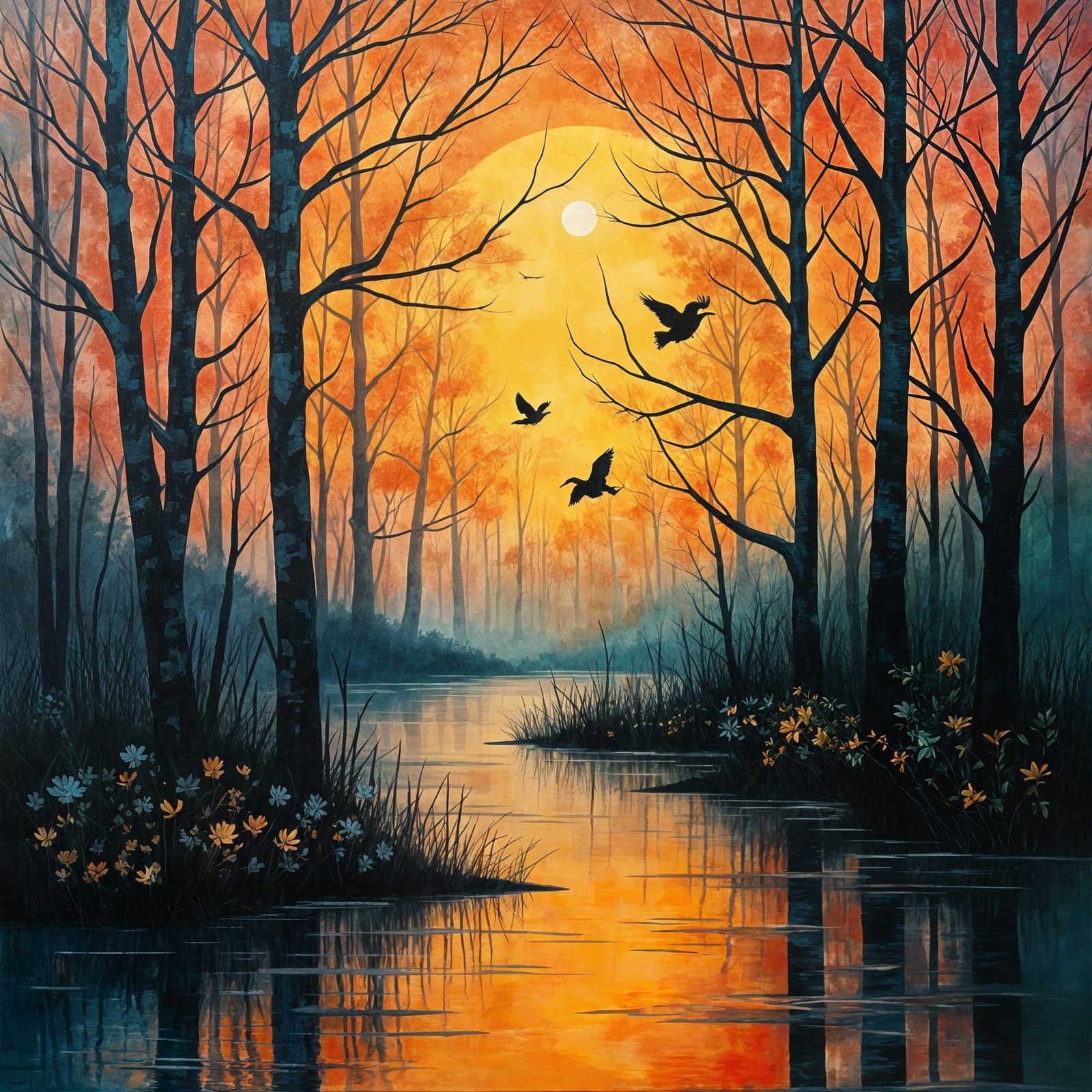 Cubist Trees Amidst Serene Wetland Habitat