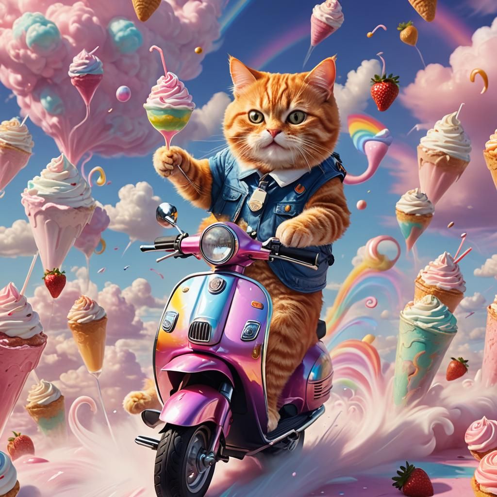 Ginger Cat on Vespa with Rainbow Milkshake