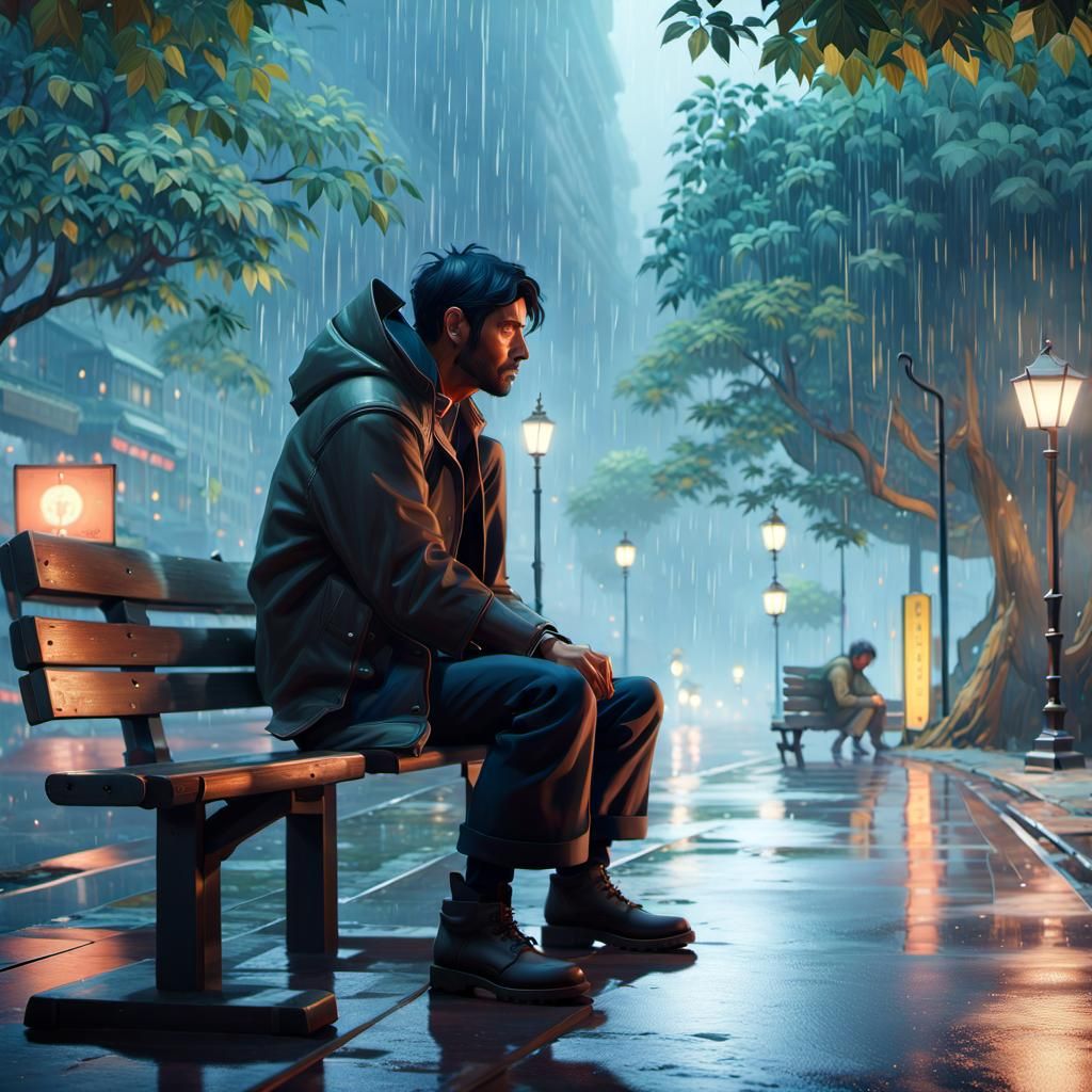 Sad Man in Rain: Detailed Digital Art