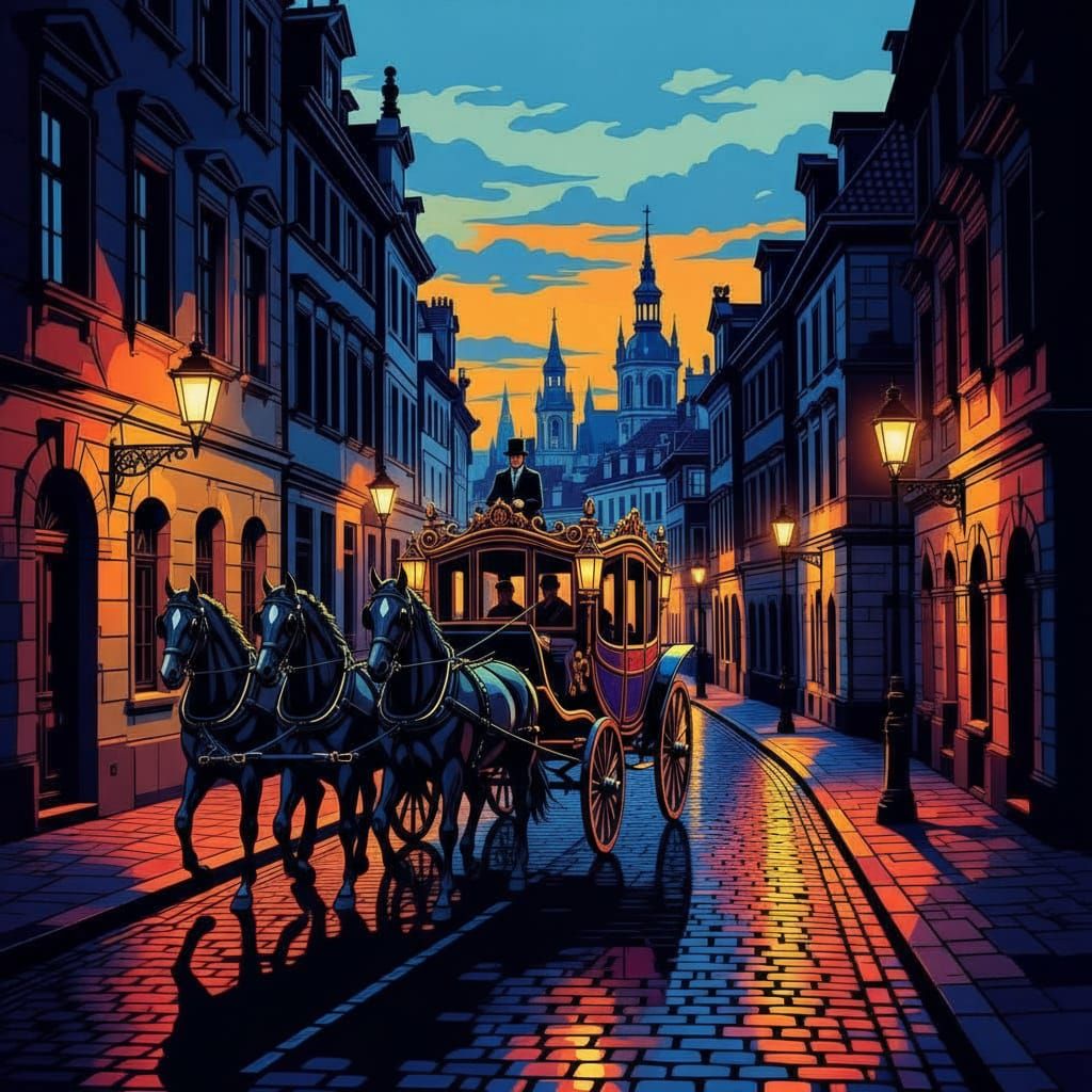 Vintage Travel Poster Style Coach on Ancient European Road a...