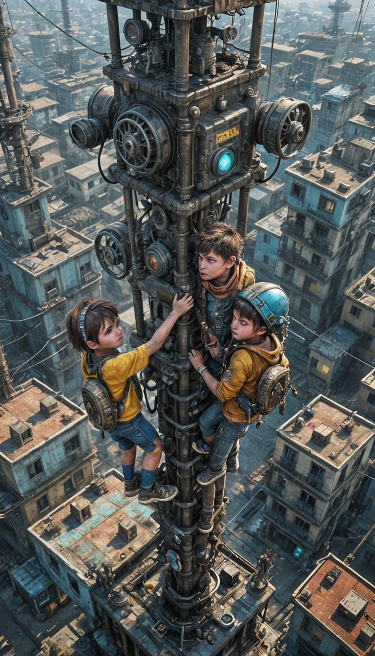 Cyberpunk Urchins Climbing a Tower in Machinarium
