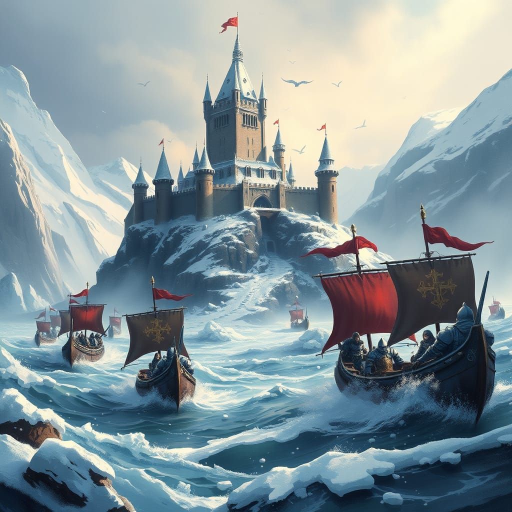 Un castillo atrapado en una roca cubierta de nieve, en los mares tormentosos y helados con pequeños barcos con guerreros...
