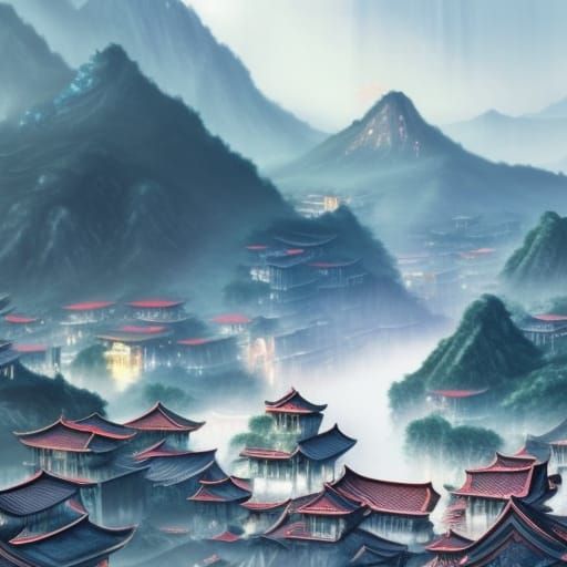 Chinese Mountain Town in Dreamlike Fantasy Landscape