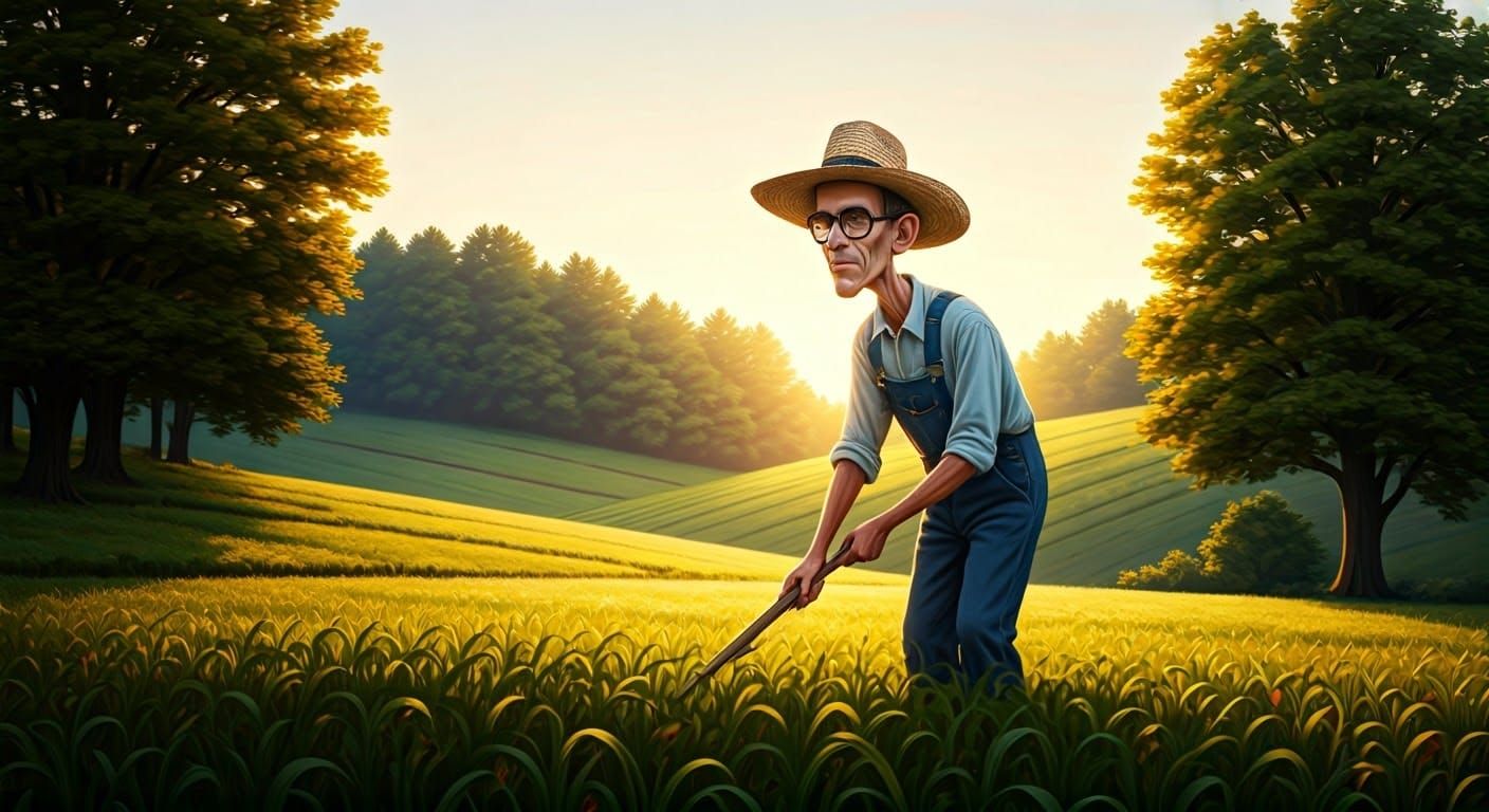 Dolichocephalic Farmer at Sunrise in American Regionalist St...