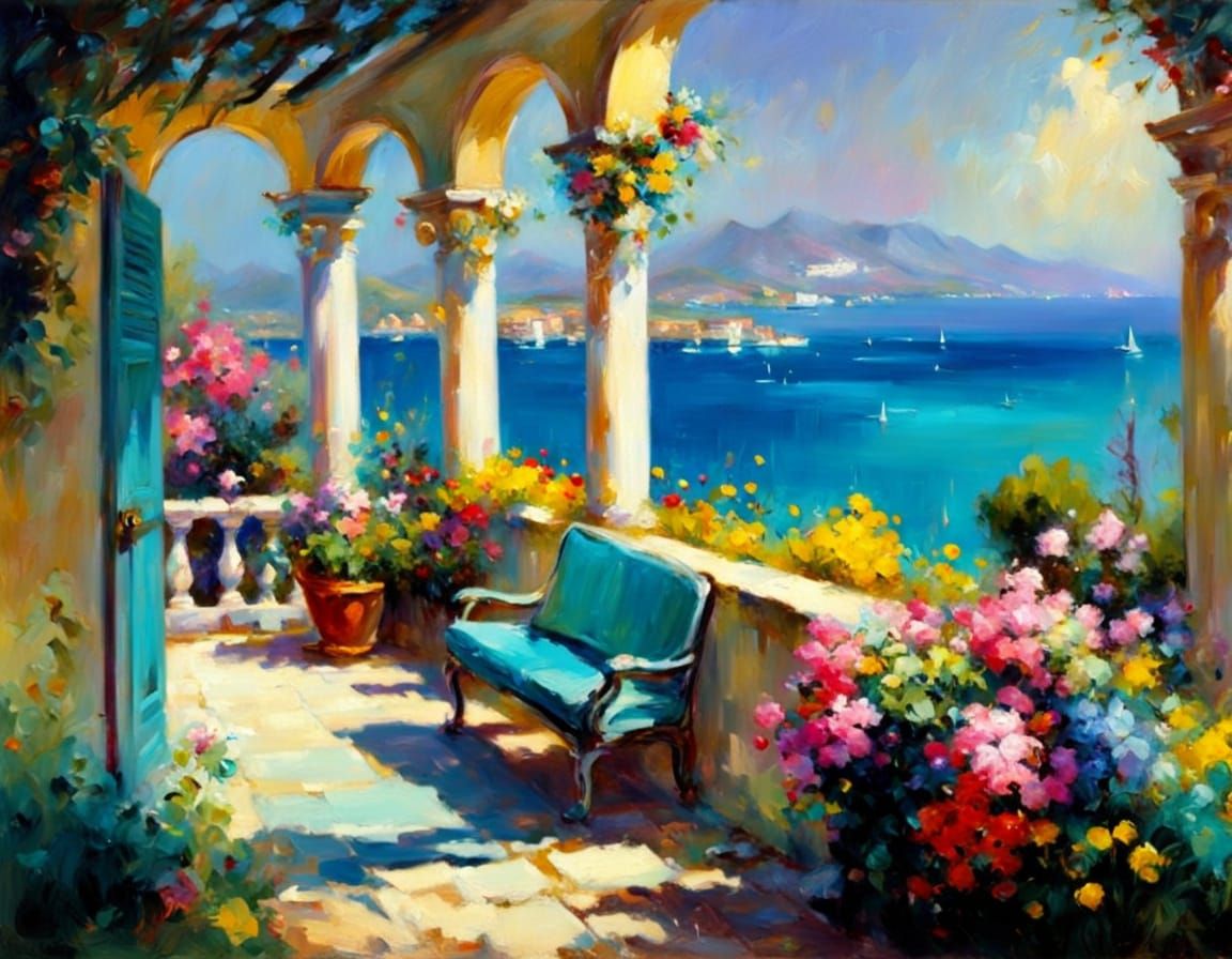 Impressionist Oil Painting of Italian Villa by the Sea