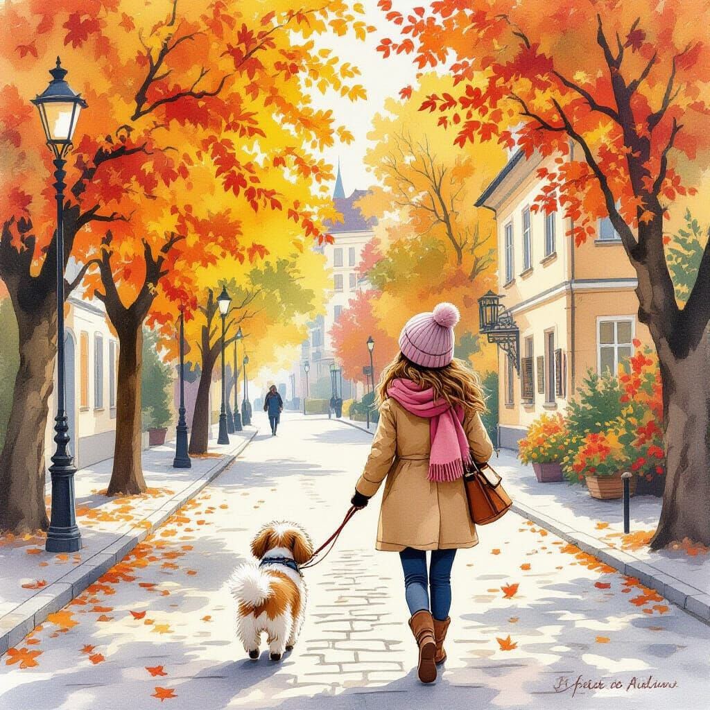 Autumn Stroll in Lviv: Impressionistic Watercolor