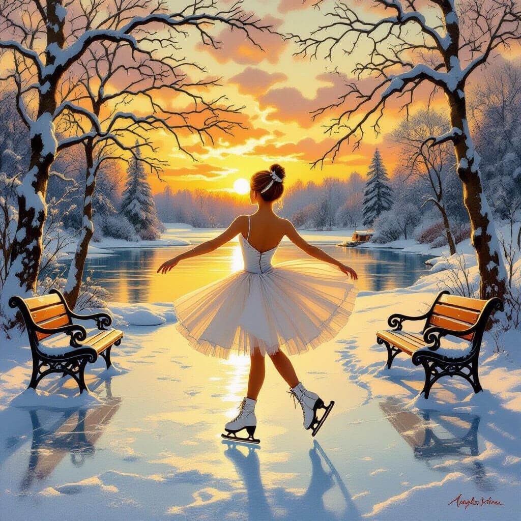 Ballerina Ice Skating at Sunset: Romantic Winter Scene
