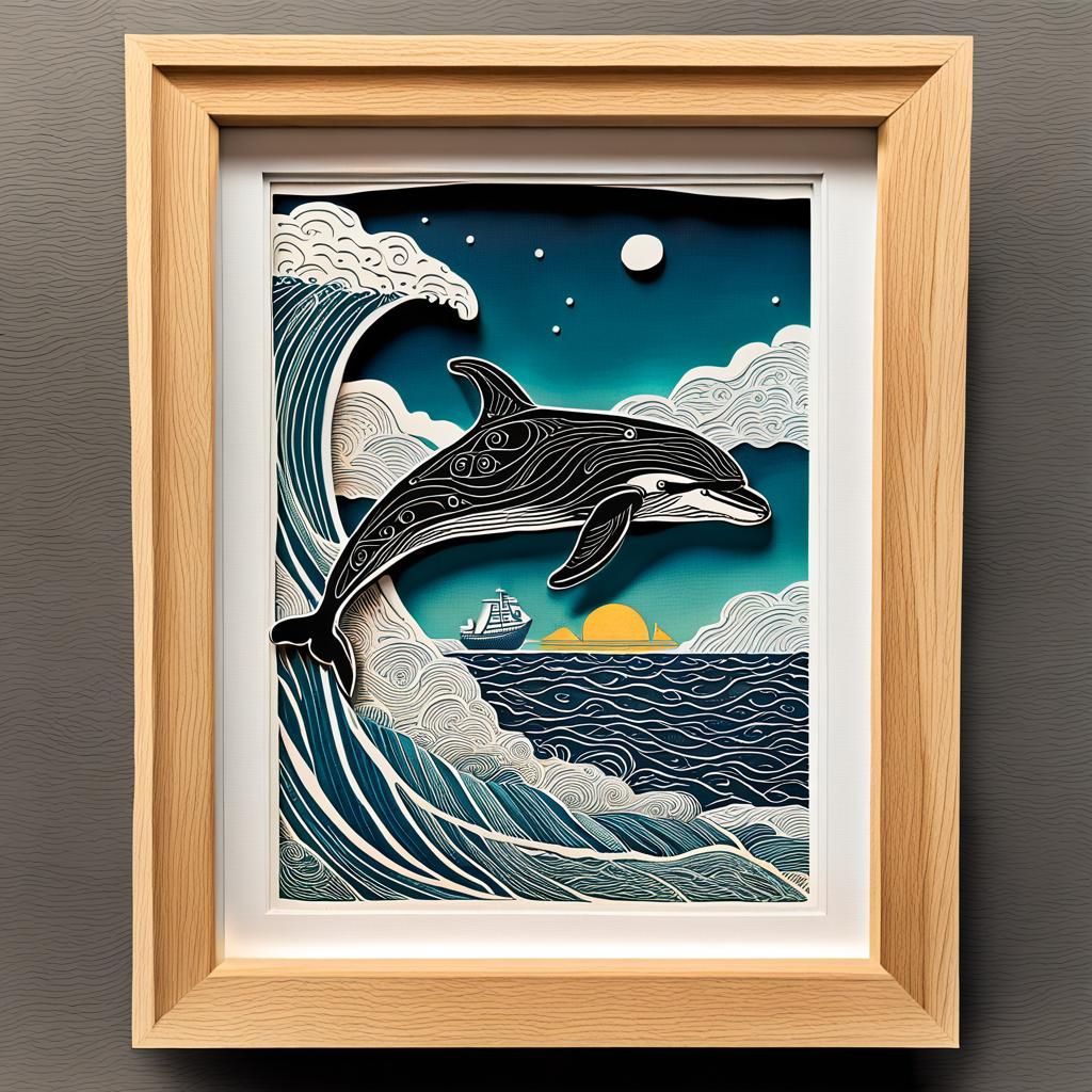 Whale and Dolphin Linocut in Bottle Frame