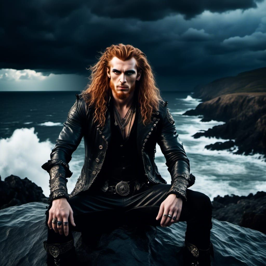 Ginger Metalhead Overlooking Stormy Sea, Cinematic Film Stil...