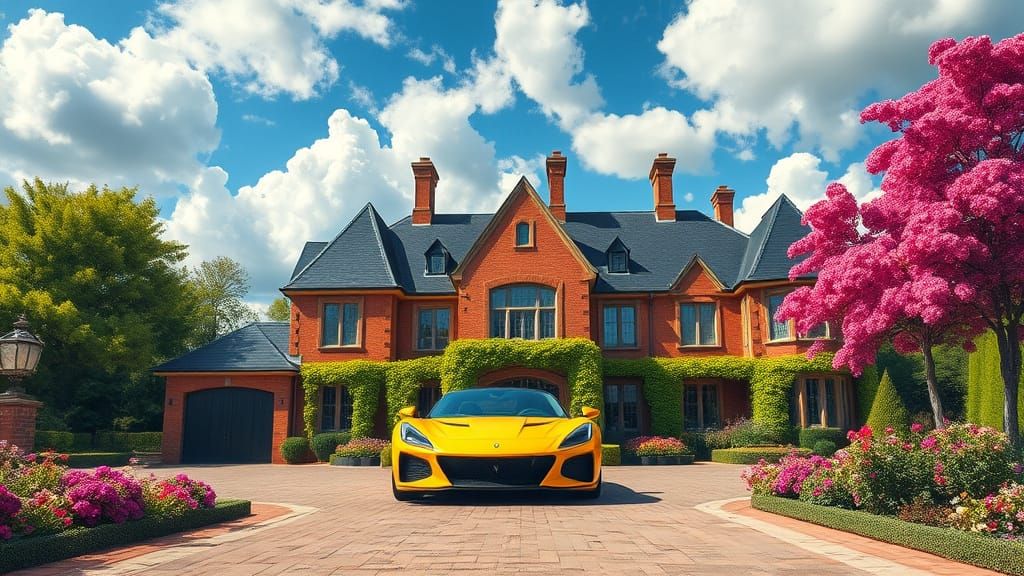 Grand Chateau and Yellow Supercar with Flower Garden