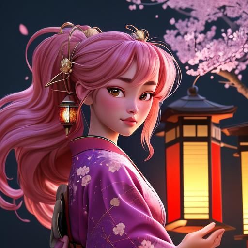 Dancing Geisha in Cherry Blossom Kimono: Fantasy Art