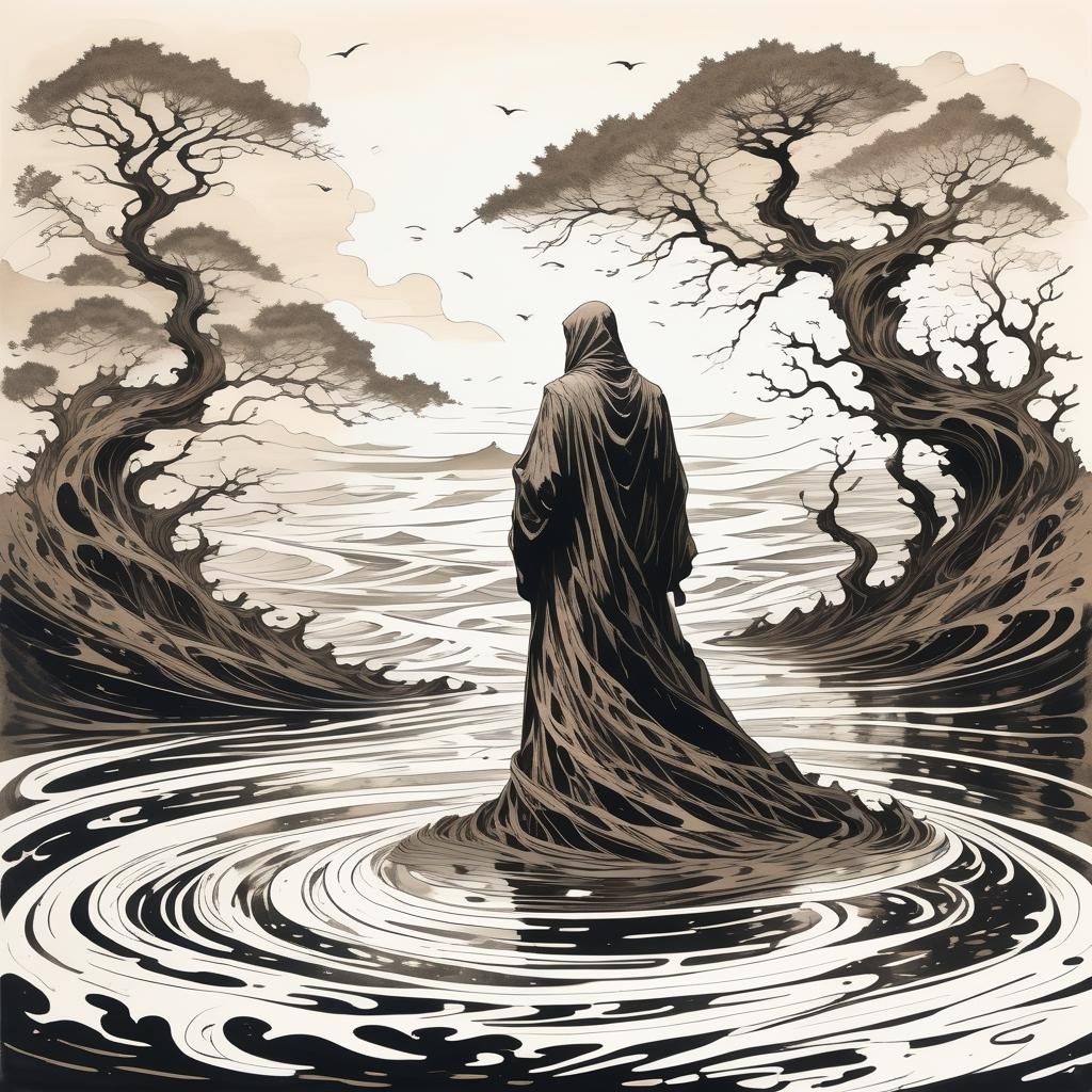 Mysterious Figure at Ocean's Edge in Intricate Pen and Ink