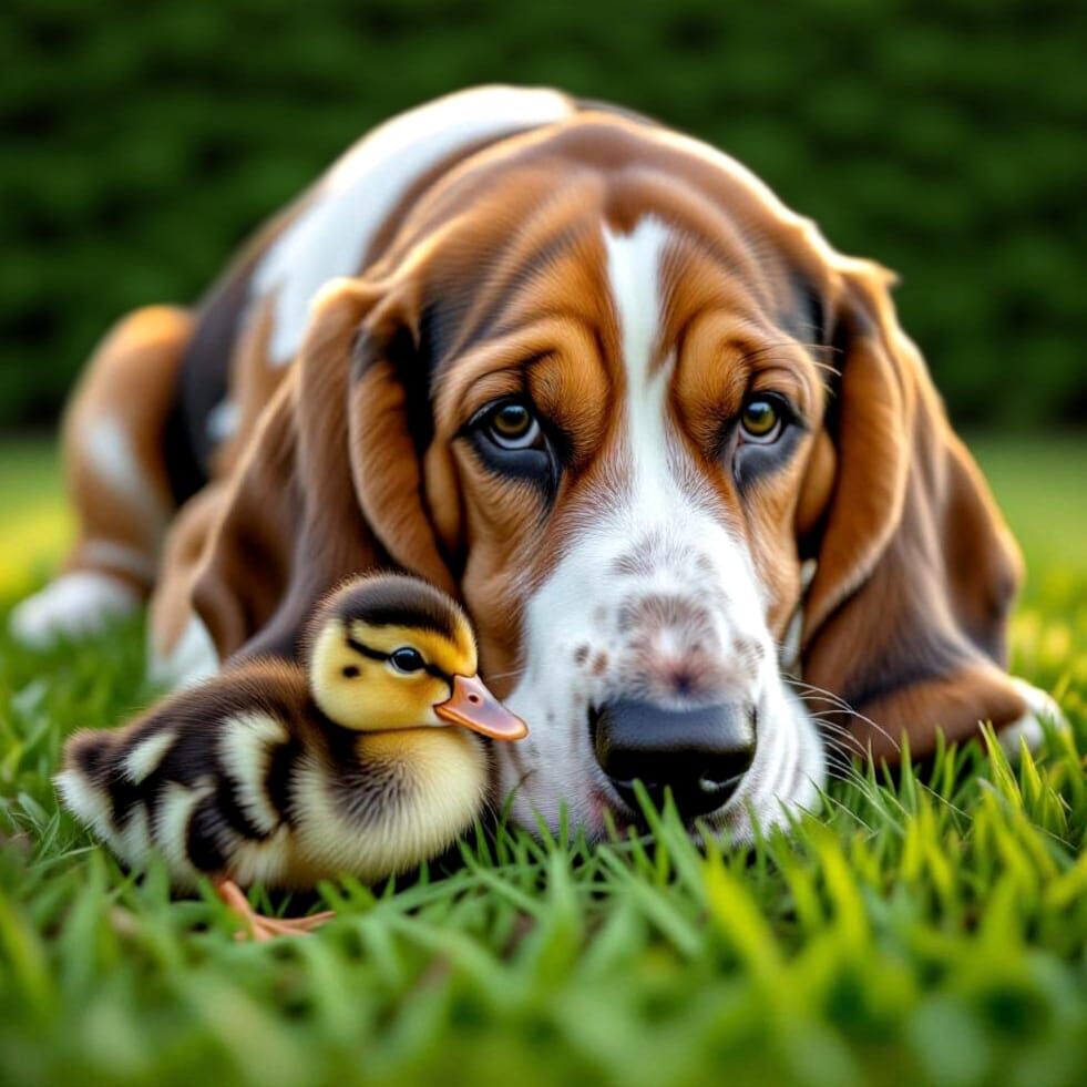 Basset hound and duckling.