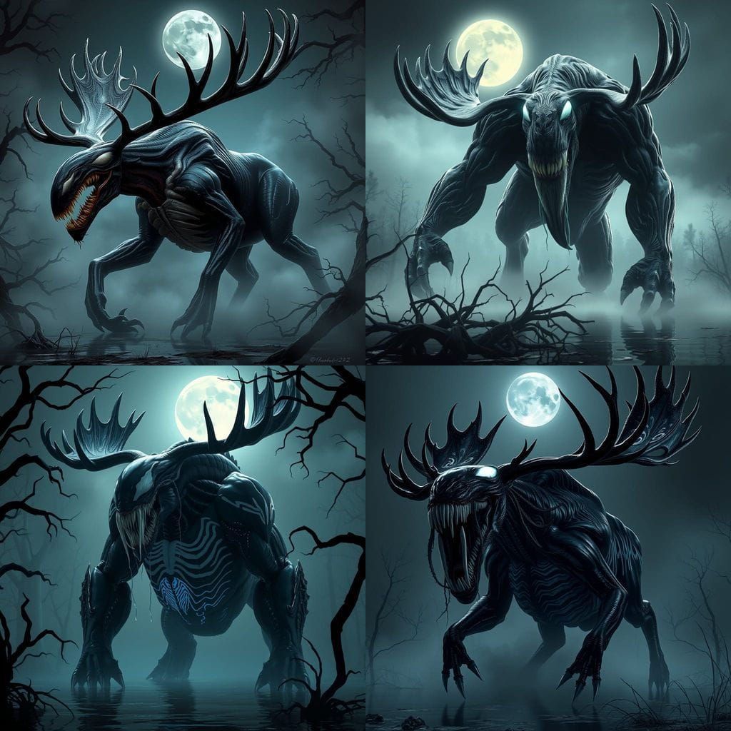 Terrifying Venom Moose Hybrid in Moonlit Swamp