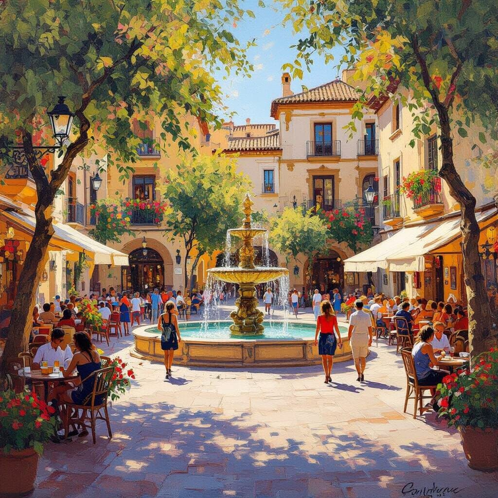 Vibrant Spanish Plaza at Golden Hour, Impressionistic Oil Pa...