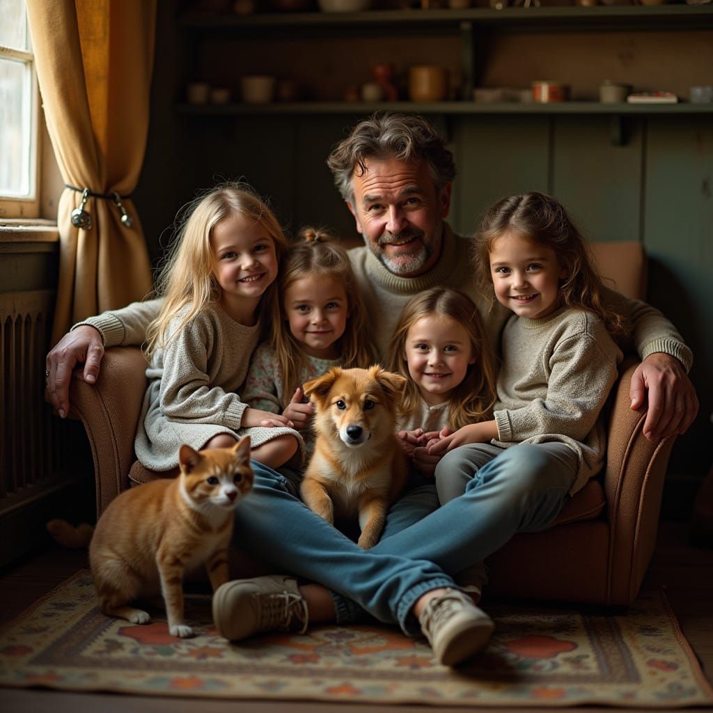 A Loving Father Surrounded by His Four Children in a Cozy Ba...