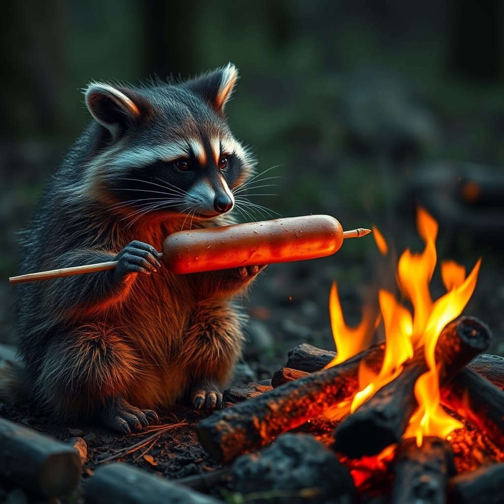 Photorealistic Raccoon Roasting Hotdog at Campfire