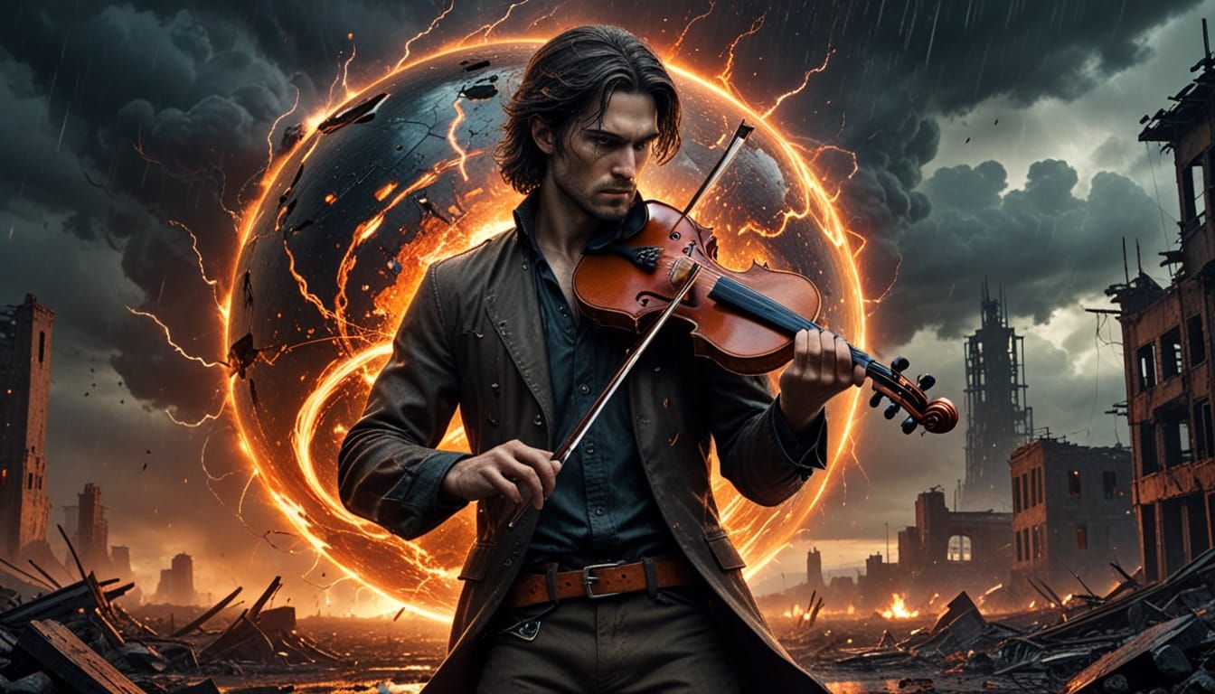 Man Plays Violin in Fiery Orb Post-Apocalyptic Scene
