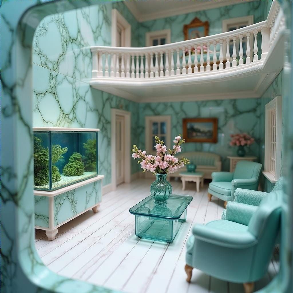 Futuristic Doll's House Interior in Mint and Teal Marble