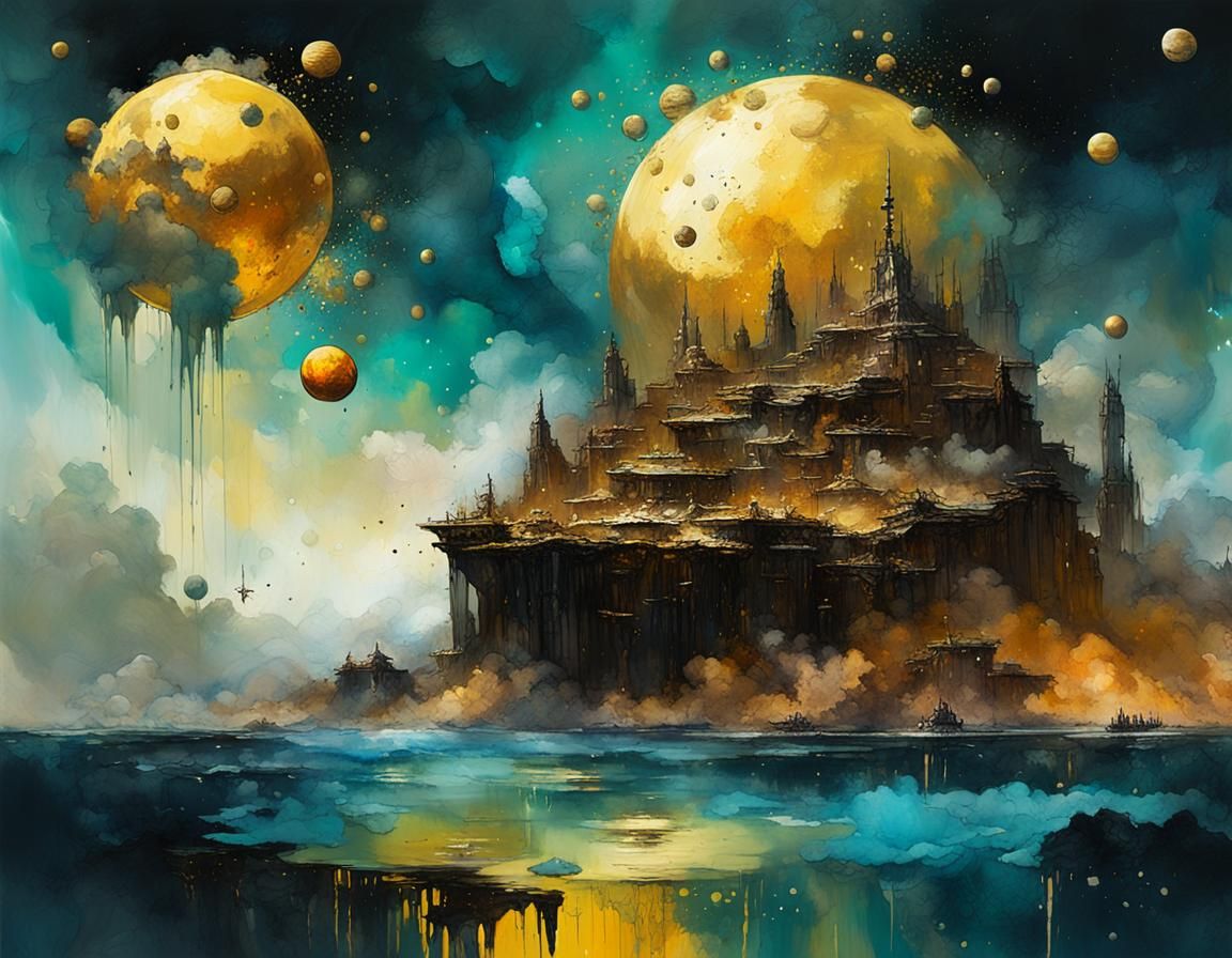 majestic island floating in the space, universe, souranded by planets, Dynamic Beautiful gold background, insanely det...
