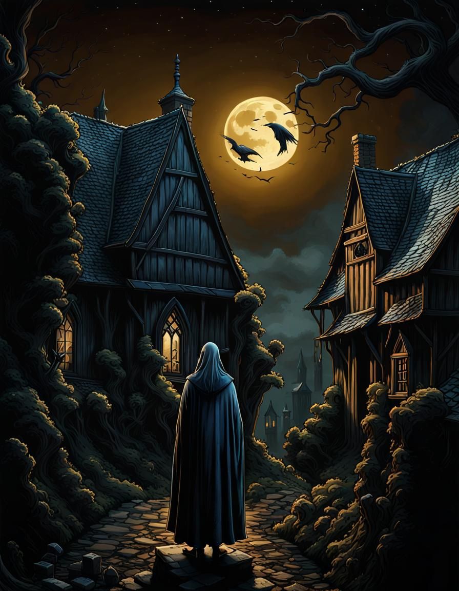 Eerie Ghost in Gothic Moonlight Village