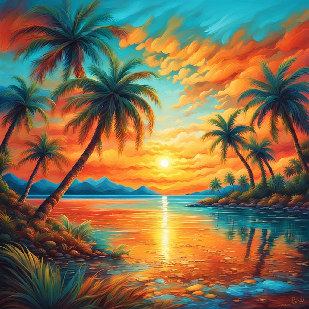 Tropical Island Sunset Reflection in Vibrant Oil Painting St...